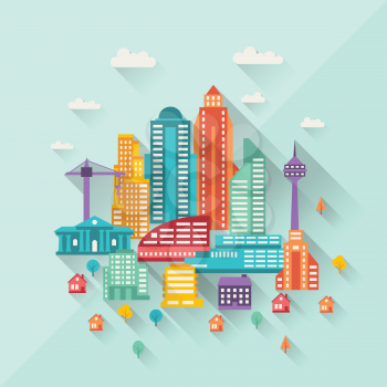 Cityscape illustration with buildings in flat design style.