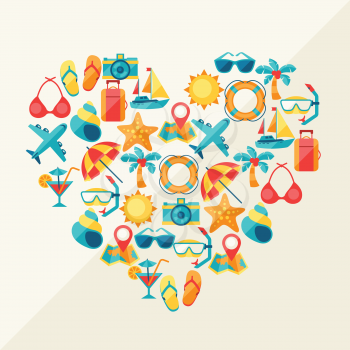 Travel and tourism background of icons in heart shape.