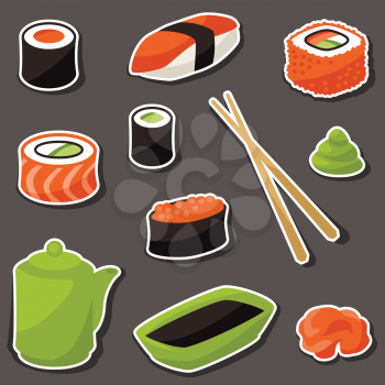 Icon set of various sushi. Japanese traditional cuisine illustration.