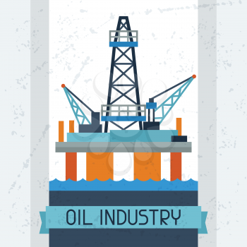 Oil platform in sea background. Industrial illustration in flat style.
