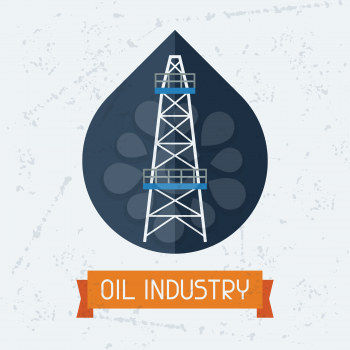 Oil derrick in oilfield background.  Industrial illustration in flat style.