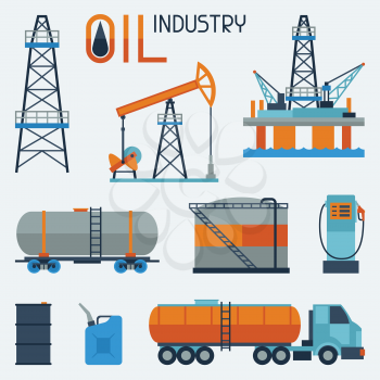 Industrial set of oil and petrol icon. Extraction and refinery facilities.