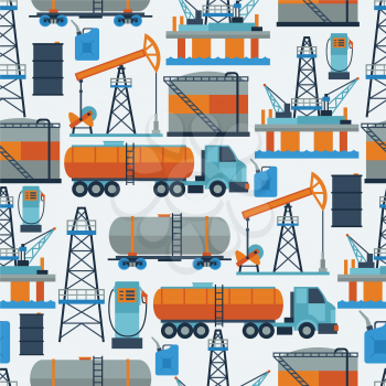 Industrial seamless pattern with oil and petrol icons. Extraction and refinery facilities.