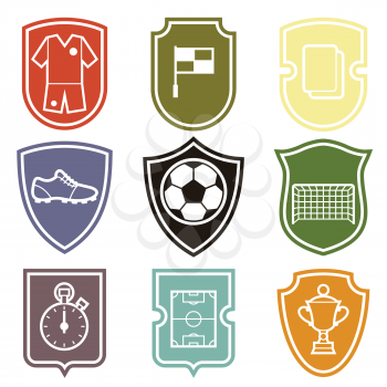 Set of sports labels with soccer football symbols in flat style.