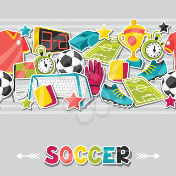 Sports seamless pattern with soccer sticker symbols in cartoon style.
