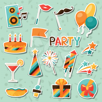 Celebration festive set of party sticker icons and objects.