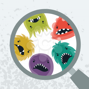 Background with little angry viruses, microbes and magnifier.