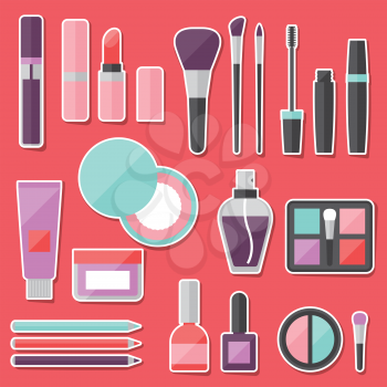 Set of colored cosmetics sticker icons.