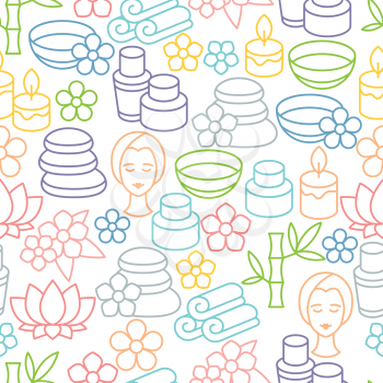 Spa and recreation seamless pattern with icons in linear style.