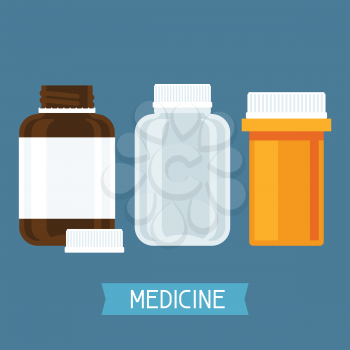 Set of three medical bottles with pills.