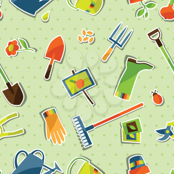 Seamless pattern with garden sticker design elements and icons.