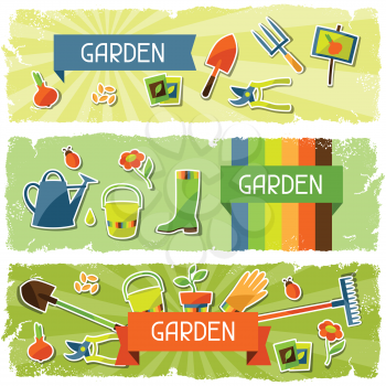 Banners with garden sticker design elements and icons.