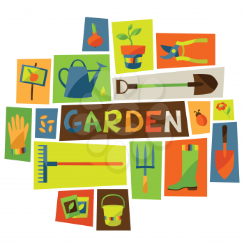 Background with garden design elements and icons.