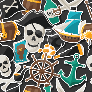 Seamless pattern on pirate theme with stickers and objects.