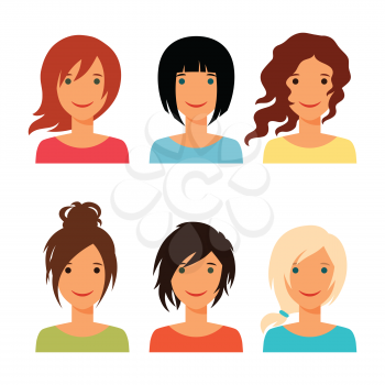 Set of beautiful young girls with various hair style.