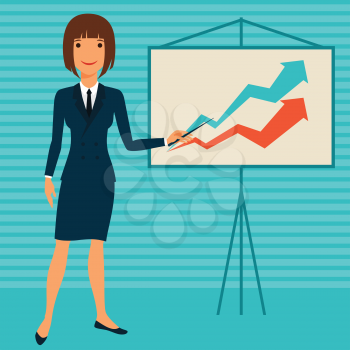 Illustration of young business lady showing infographic.