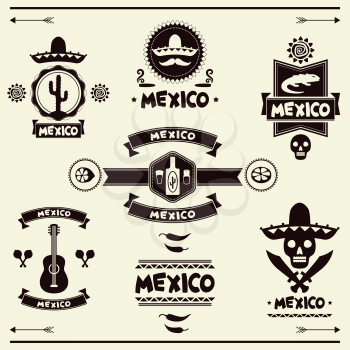 Mexican set of labels and stickers with icons.