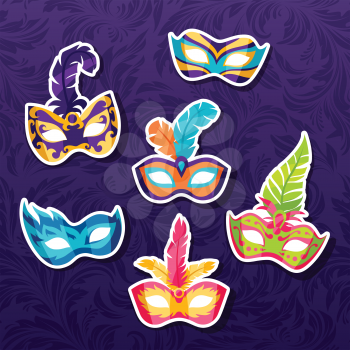 Set of celebration festival carnival masks stickers.