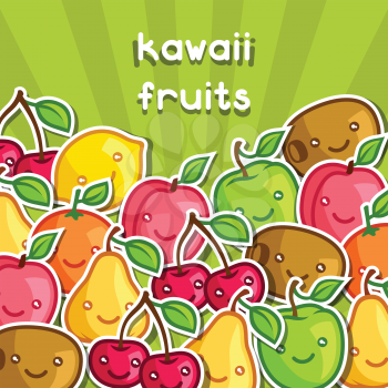 Background with cute kawaii smiling fruits stickers.
