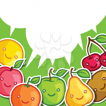 Background with cute kawaii smiling fruits stickers.
