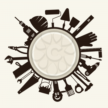 Repair and construction illustration with working tools icons.