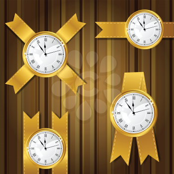 Set of vector gold watches and ribbon.
