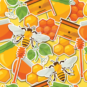 Seamless pattern with honey and bee stickers.