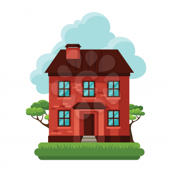 Illustration of old brick cottage on clouds background.