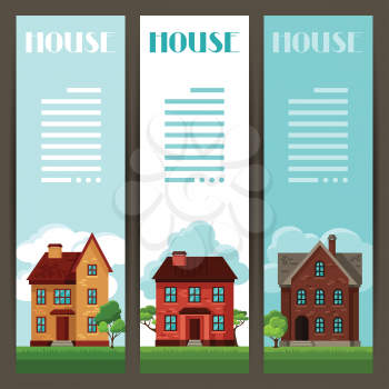Town vertical banners design with cottages and houses.
