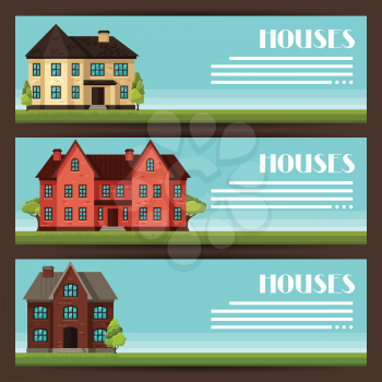 Town horizontal banners design with cottages and houses.