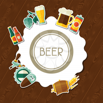 Background design with beer sticker icons and objects.