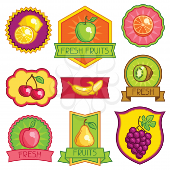 Set of badges and labels with stylized fresh ripe fruits.