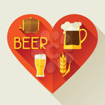 Background with beer icons and objects in flat style.