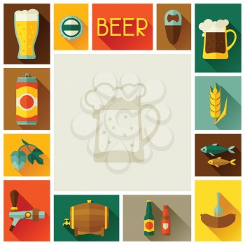 Frame with beer icons and objects in flat style.