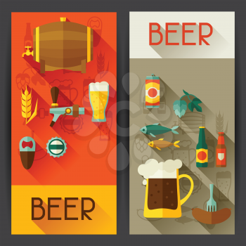 Banners with beer icons and objects in flat style.