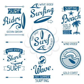 Set surfing labels and emblems on white background.