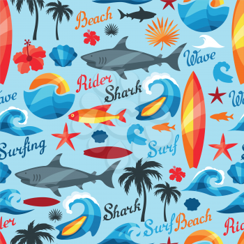 Seamless pattern with surfing design elements and objects.