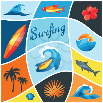 Background with surfing design elements and objects.
