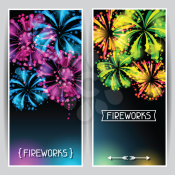 Banners with bright colorful fireworks and salute.