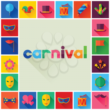 Celebration festive background with carnival flat icons and objects.