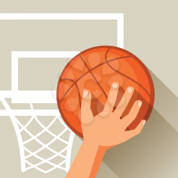 Sports illustration hand shot basketball ball through hoop.