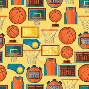 Sports seamless pattern with basketball icons in flat style.