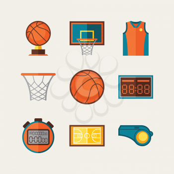 Basketball icon set in flat design style.