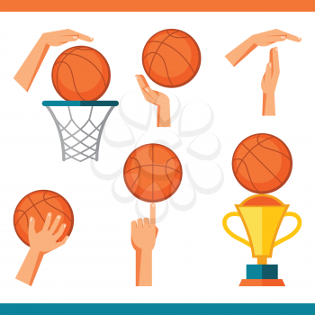 Basketball icon set of gestures and symbols in game.
