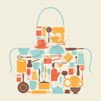 Background with kitchen and restaurant utensils icons.