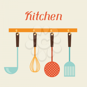 Kitchen and restaurant utensils spatula whisk strainer spoon.