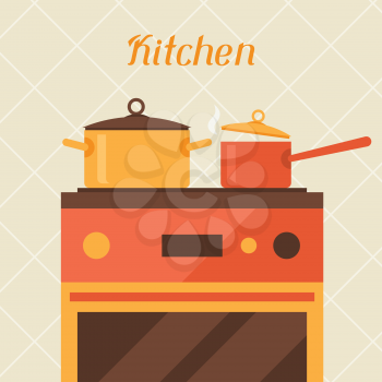 Card with kitchen oven and cooking utensils in retro style.