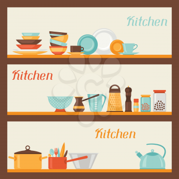 Horizontal banners with kitchen and restaurant utensils icons.