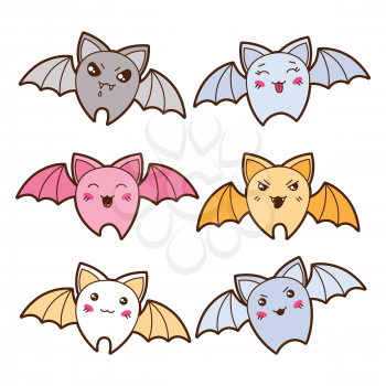 Set of kawaii bats with different facial expressions.