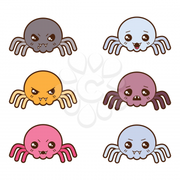 Set of kawaii spiders with different facial expressions.